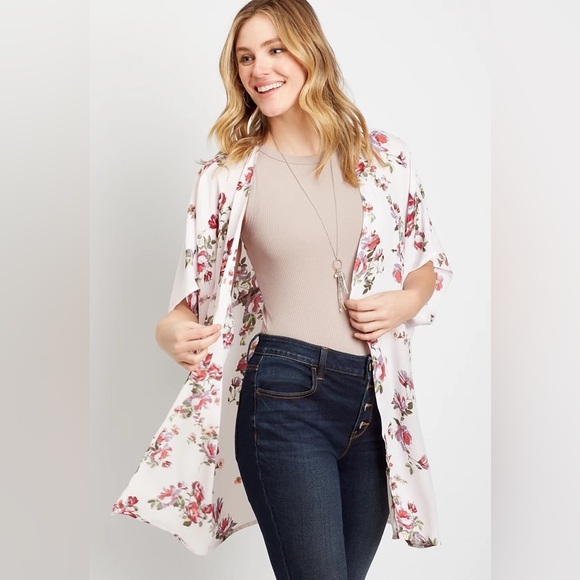 Maurices Jackets & Blazers - Maurice’s White Floral Kimono Wrap Cardigan